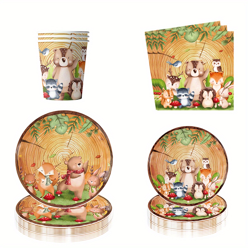 80pcs Set Of Party Supplies Featuring Wood Grain Jungle Animals, Including Paper Plates, Cups, Napkins, And Decorations For A For Wild Birthday Celebration