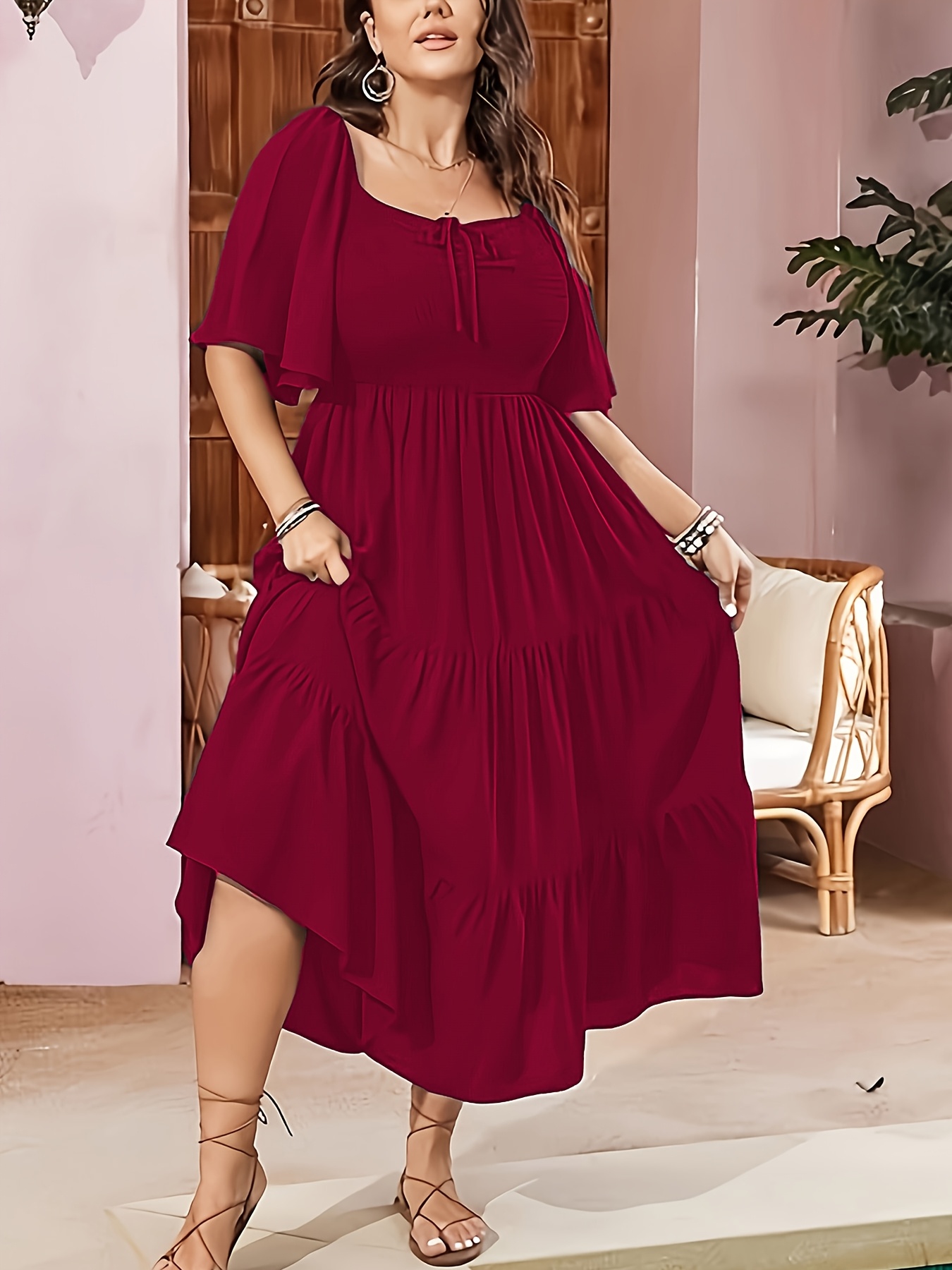 plus size womens elegant square neck midi dress solid color - Temu Bahrain