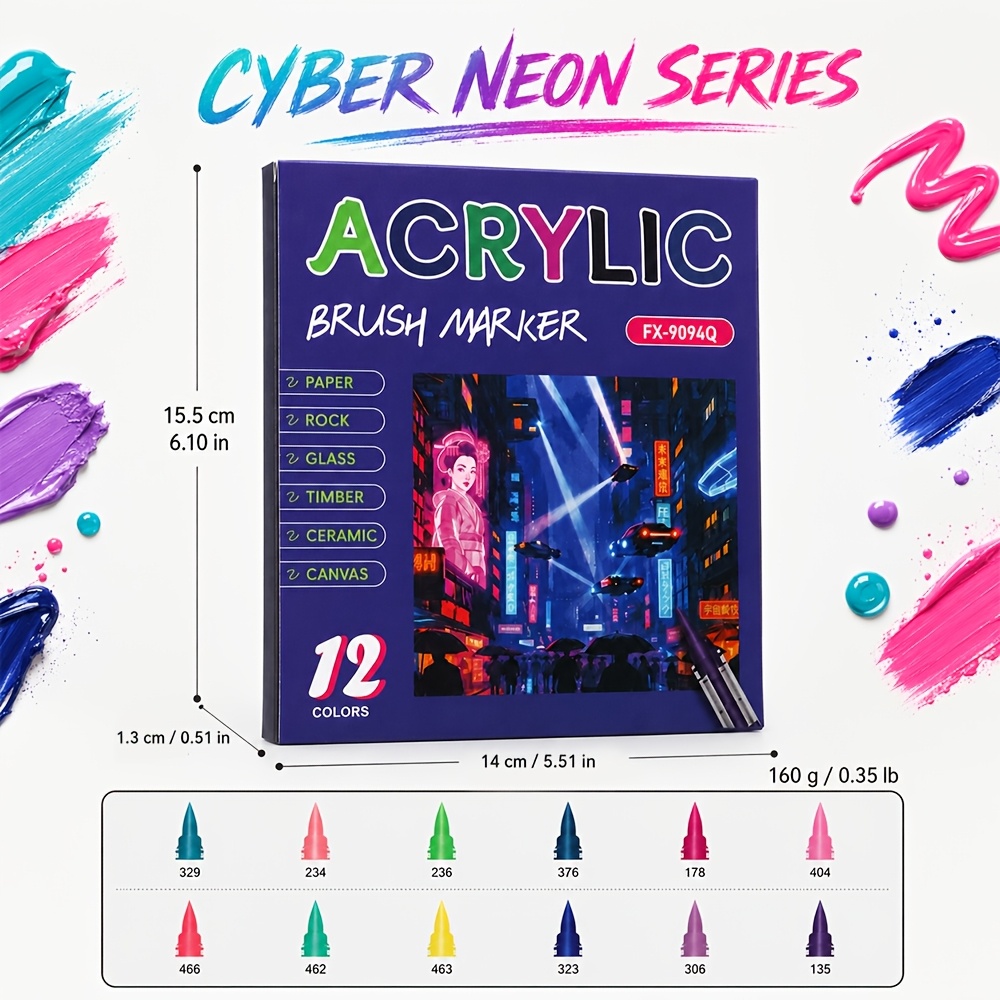 TEMU Set complet de 12 pinceaux de peinture Cyber Neon, avec une gamme complète de couleurs fluorescentes éblouissantes, polyvalents pour plusieurs .