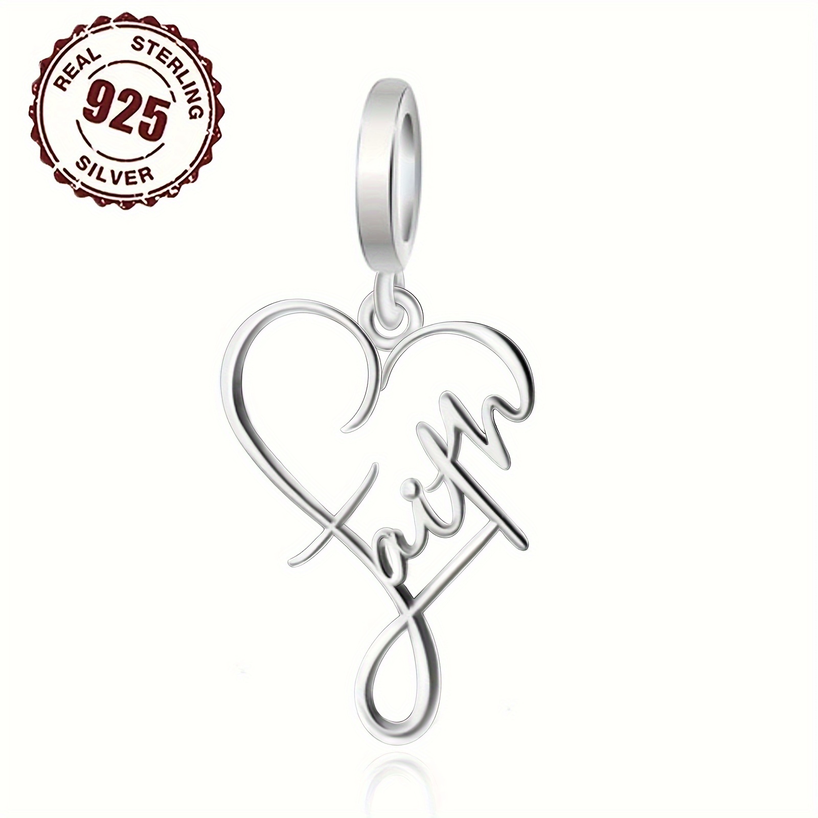 

1pc 925 Sterling Silvery "faith" Heart Pendant Charm, Fashionable Bead For Bracelet Or Necklace, Ideal Christmas Gift (1.1g)