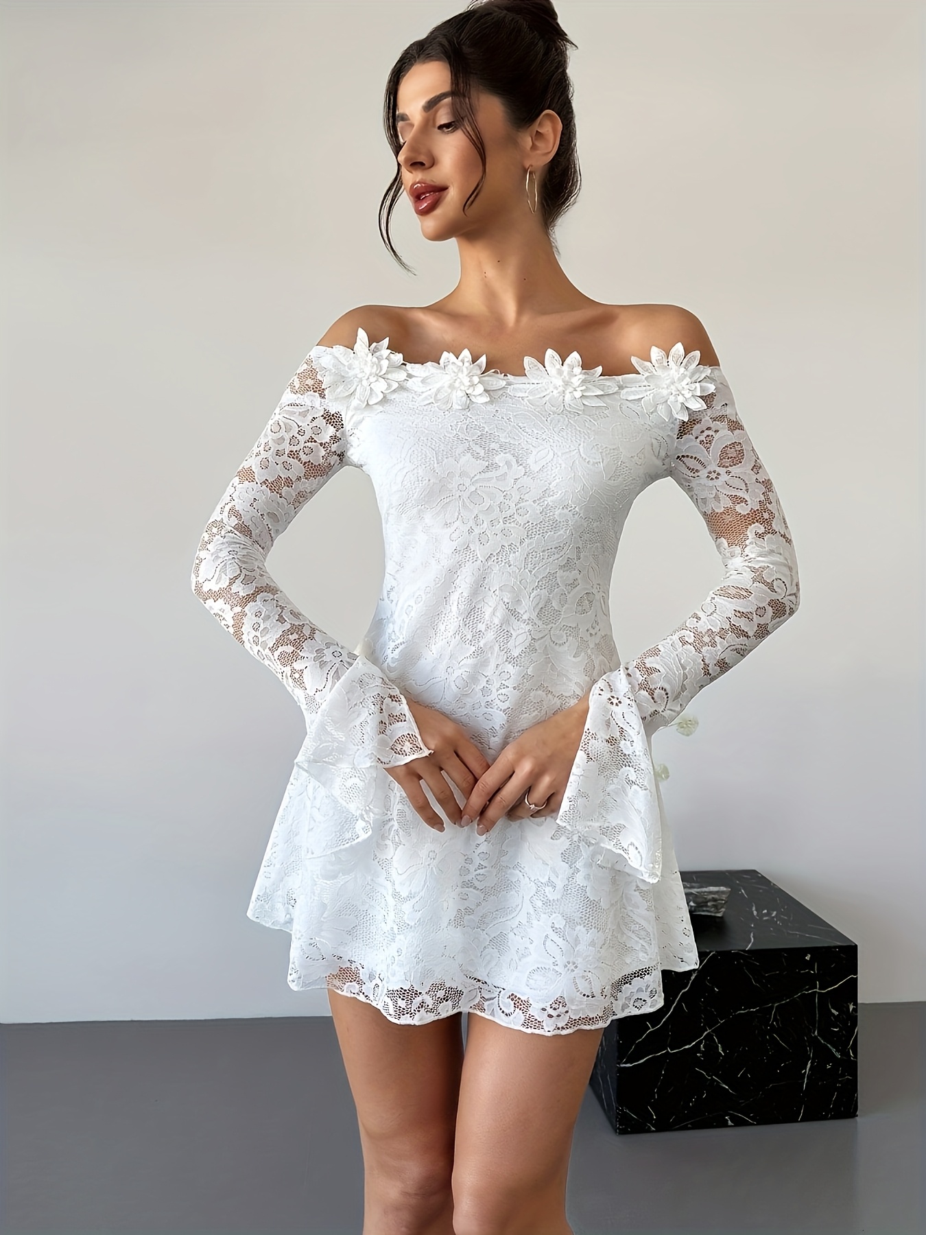 new lace shoulder dress elegant long sleeve dress - Temu Norway