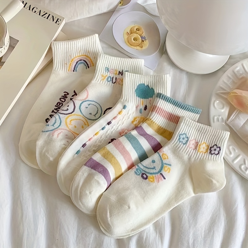 

Women's Elegant Polyester Socks, 5 Pairs, Cute Cartoon Smile Face & Stripes, Comfortable Ribbed Knit Fabric, Hand Wash/dry Clean - Women's Short Socks With Elasticity