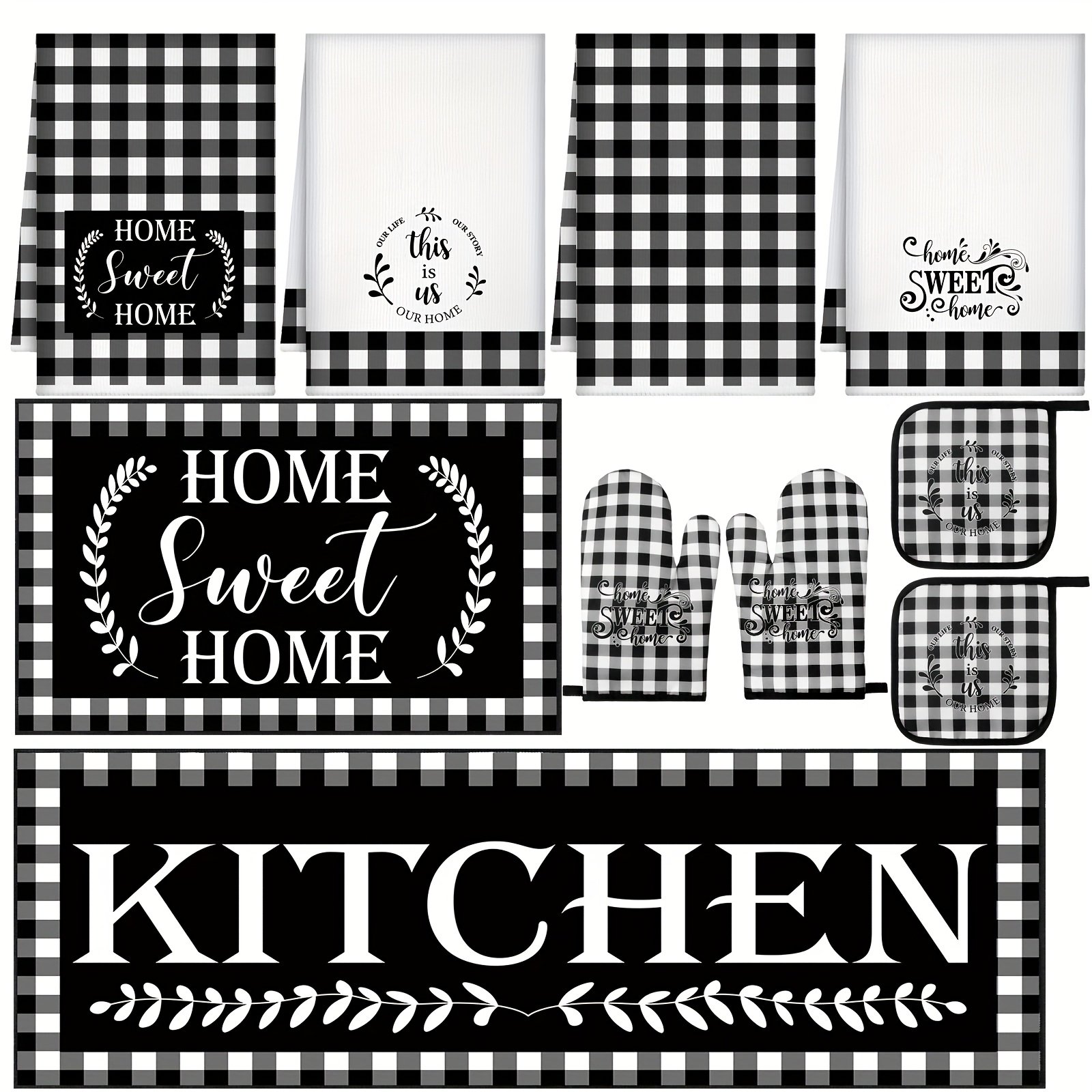 TEMU 10pcs Christmas Checkered Farmhouse Kitchen Decor Set Dish Towels Kitchen Rugs Oven Mitts And Pot Holders Set For Cooking Baking Grilling Women Mom Daughter Gift (attractive Black White)