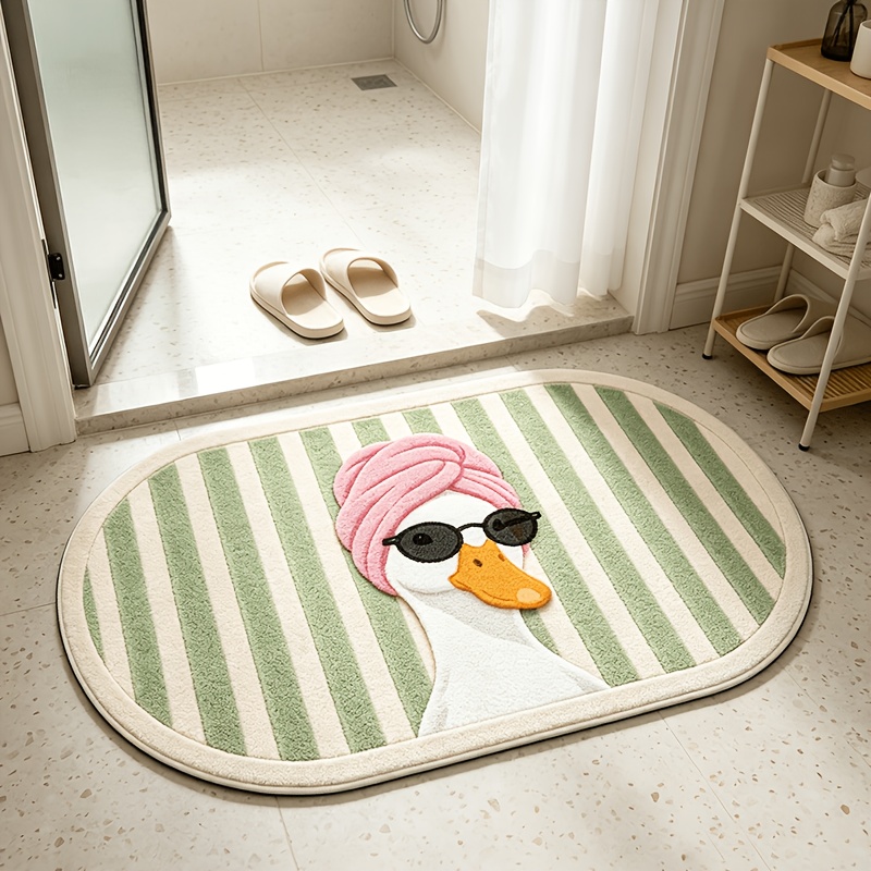 TEMU Tapis ovale en velours avec dos antidérapant en plastique à , canard à lunettes de soleil à rayures de dessin , décoration d'intérieur amusante