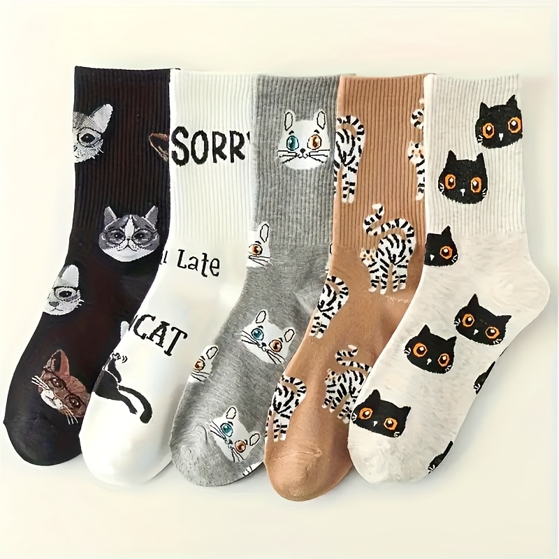 Image of 5 Pairs Of Women's Socks - Multicolor Cartoon Cat Lettering, Cute College Style Fashionable Mid-calf Casual Socks For