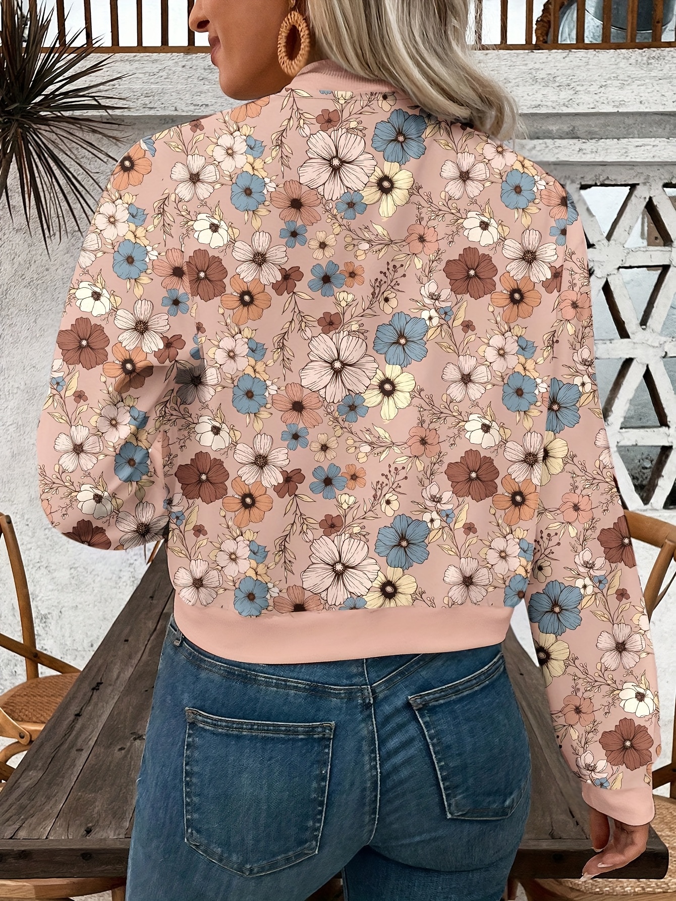 womens elegant floral   jacket lightweight polyester round neck long sleeve   versatile outerwear with   design casual wear jacket floral print jacket lightweight jacket multicolor 1
