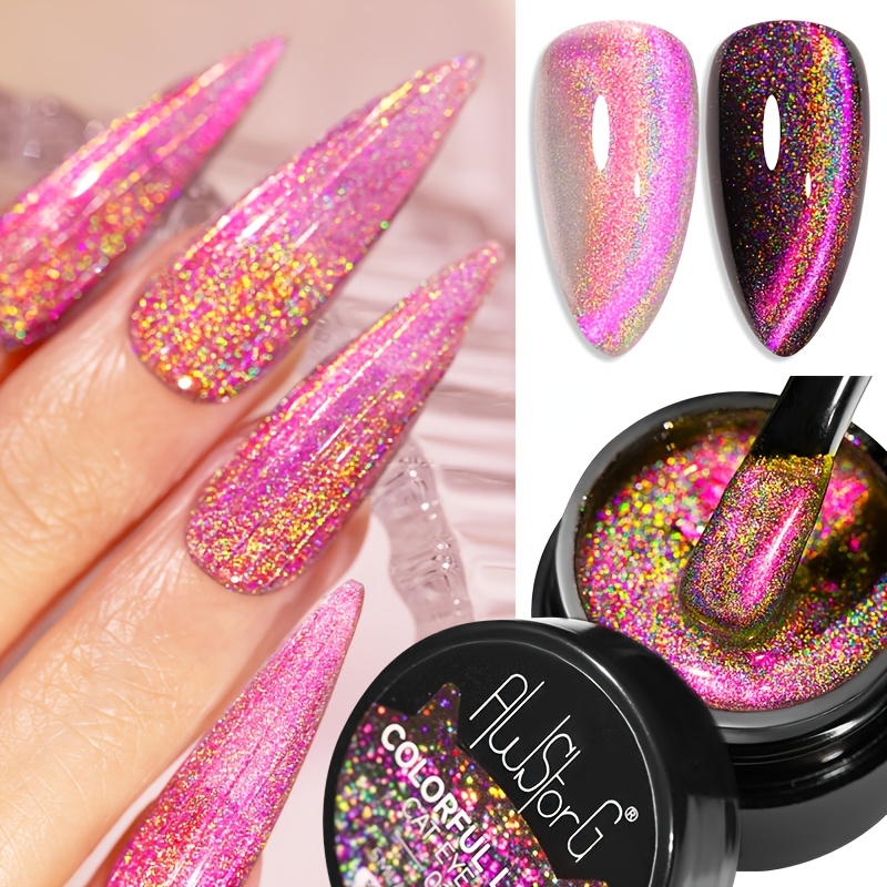 Image of Awstorg 5ml Colorful Laser Cat Eye Gel Pink Light Nail Polish Shining Silver-light Holographic Semi-permanent Gel