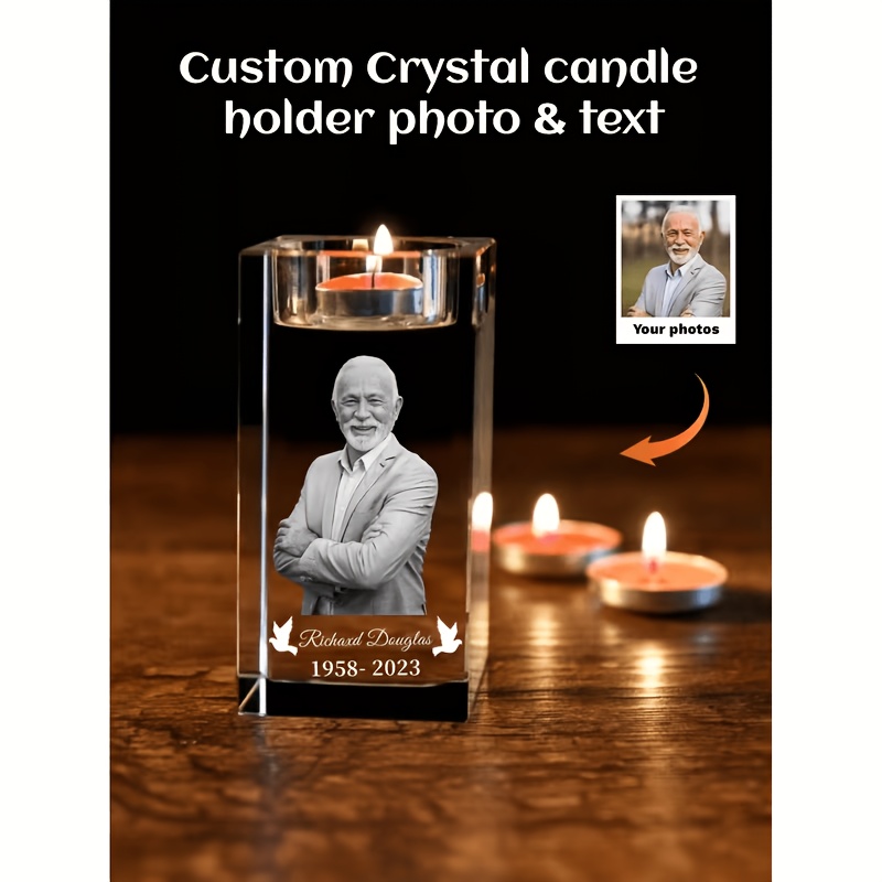 TEMU 1pc Personalized Custom 3d Crystal Inner Carved Photo Candlestick Pet/portrait Memorial Candlestick Base Personalized Commemorative Gift