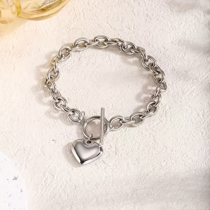 E-shop Schlichtes, elegantes modisches niedliches Damen-Armband mit Herz-Anhänger aus Edelstahl, vielseitiges Freizeit- Urlaubs-Charm-Armband