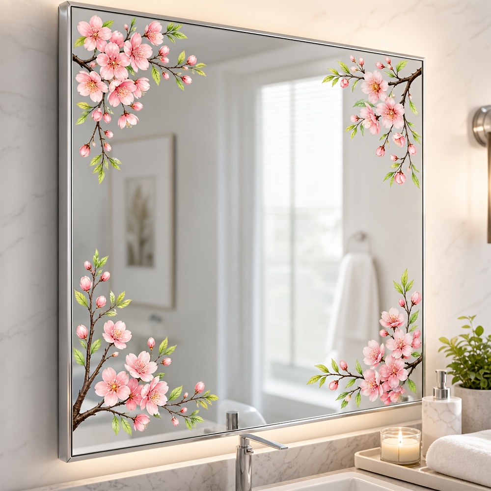 TEMU Adesivo 1 pz elegante con fiori di ad , motivo a ramo di fiori e su tre lati, sicuro per il vetro del bagno, decalcomania per finestre per un'