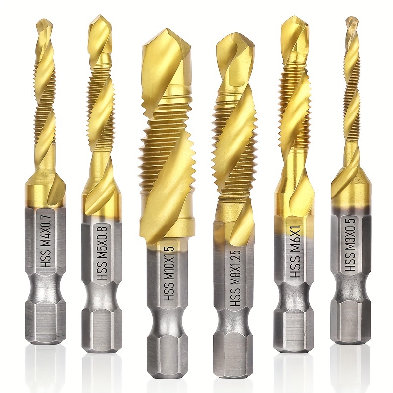 チタン製ドリルタップビット 6本セット - メートル規格  , m4, m5, m6, m8, m10 (ネジタッピング、皿穴ドリル用)