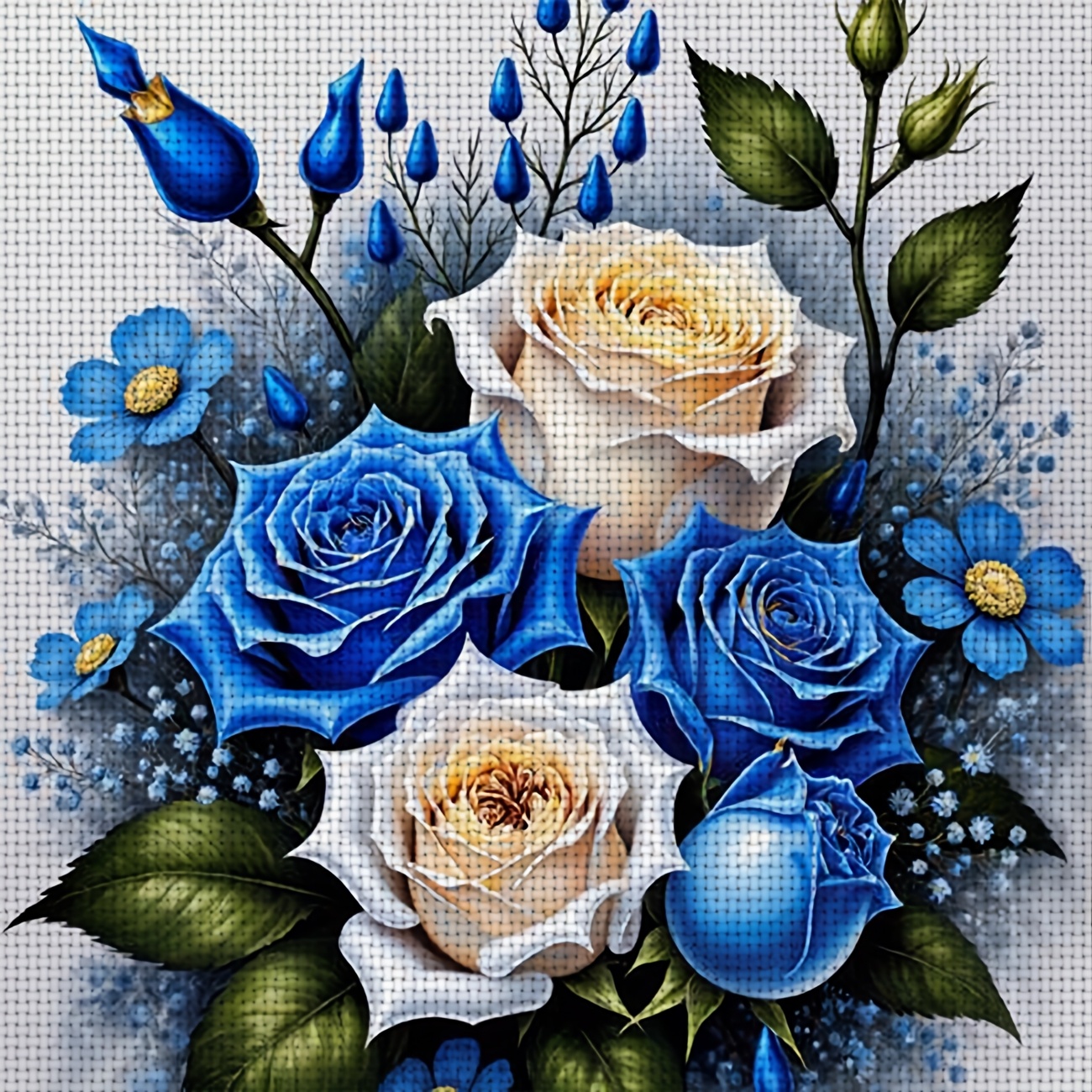 TEMU 1 kit de point de croix imprimé | Motif de roses bleues et blanches, idéal pour les débutants, une toile, des aiguilles, un motif et des