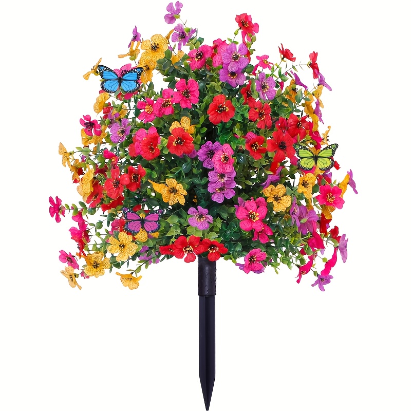 TEMU 1pc Colorful Artificial Flowers Outdoor With Ground Stakes And 3pcs Artificial , Uv Resistant Plastic Faux Flowers Shrubs Decoration For Outdoor