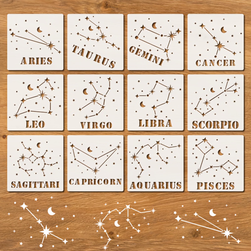 Image of 12pcs Constellations Stencils, 5.91 Inch Reusable Moontwinkle Star Stencil For Craft Painting On Rock Sign, Wall, Canvas Spray Paint Stencil