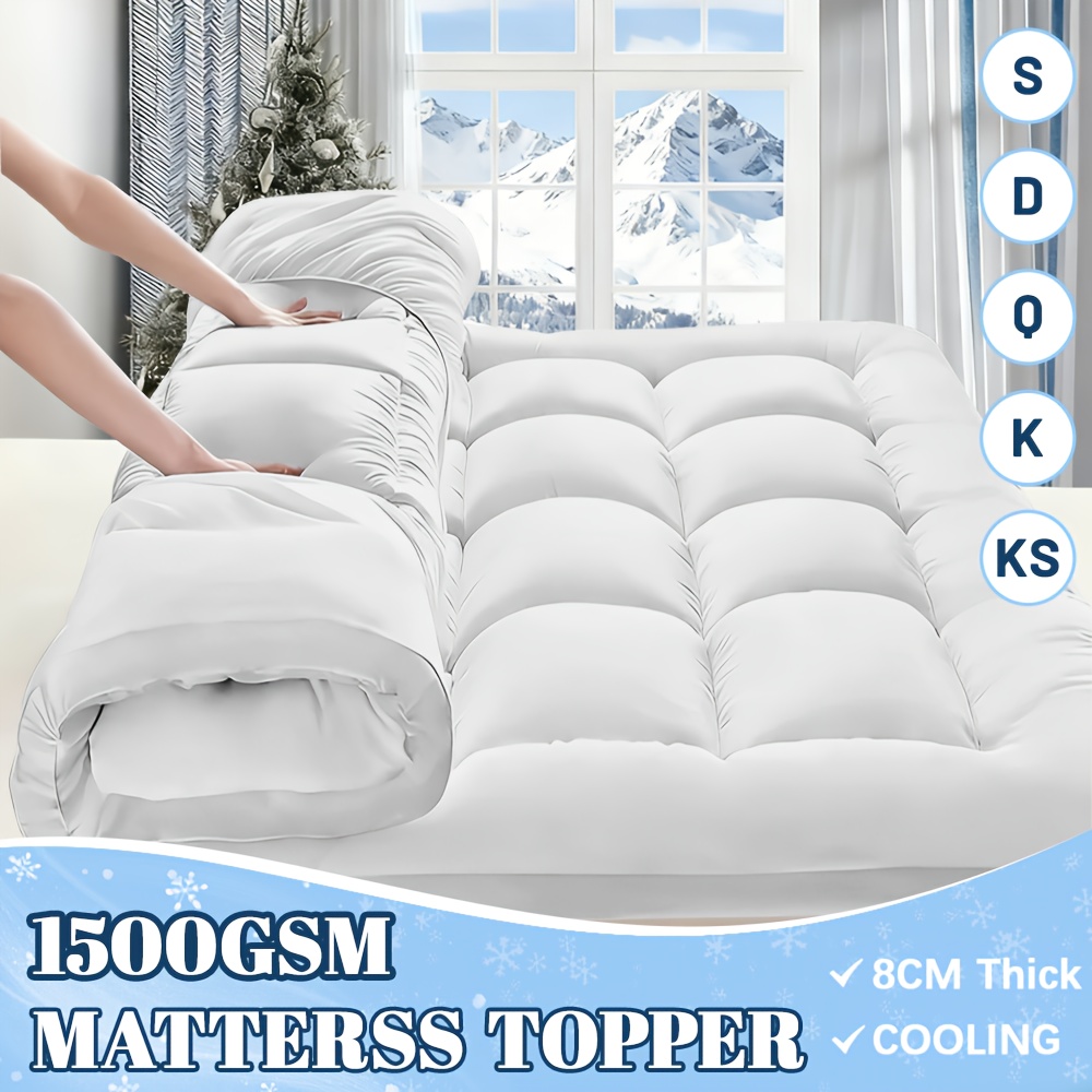 TEMU 1500gsm Extra Thick Topper, Breathable & Cooling Mattress Topper Queen Size, Elastic Fitted Queen Mattress Pad With 45cm Deep Pocket, Mattress