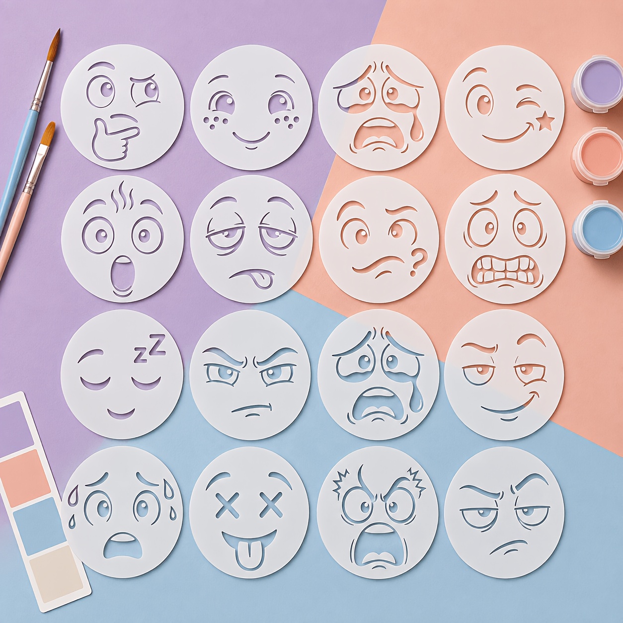 TEMU Juego de 16 plantillas de pintura caladas con de expresión de dibujos animados divertidos, moldes reutilizables para pintura en aerosol e