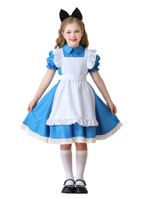 4pcs puff sleeve costume fancy dress halloween costume set with white apron headband and calf socks girls costume princess costume apron dress apron fancy dress cosplay costume blue white