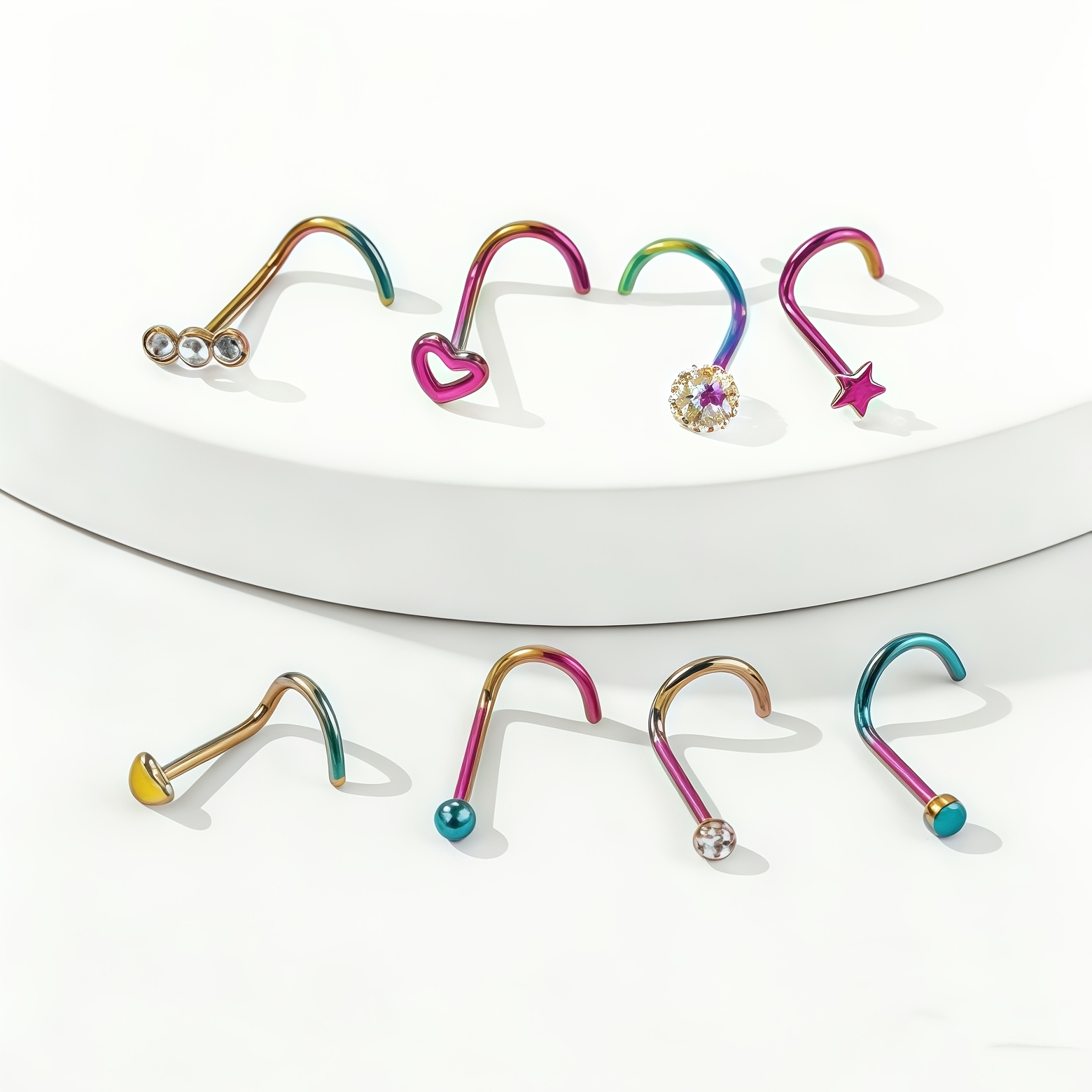 TEMU 8pcs Basic Set Of Stainless Steel Spiral Nose Rings, Featuring A Simple And With A Small Round Rhinestone Nose Stud. Women's Earrings,