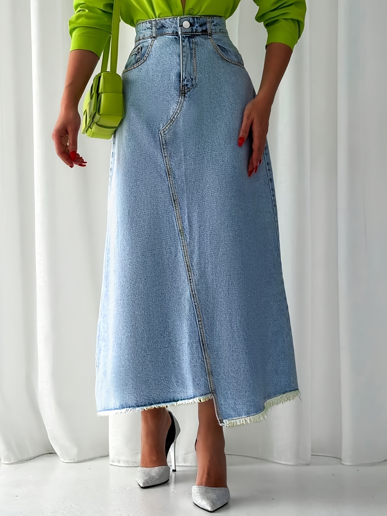 women's casual high- midi skirt with split, straight-cut, frayed