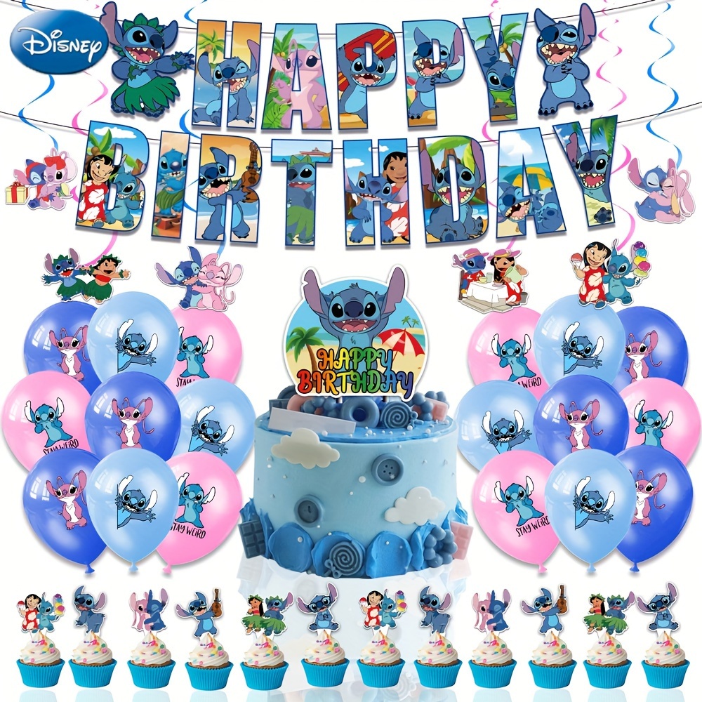 

Disney Stitch Hawaiian Party Piece - 34pcs Set With Balloons, Banner & Cake Toppers For Birthdays & Graduations (cupcakes Not Included)
