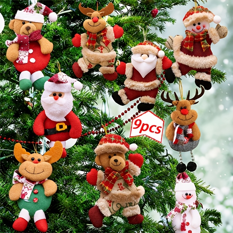 TEMU 9pcs Christmas Tree Ornament Set, Christmas Tree Plush Doll Ornaments, Santa Claus, Christmas Snowman, Reindeer, Bear Hanging Decorations,