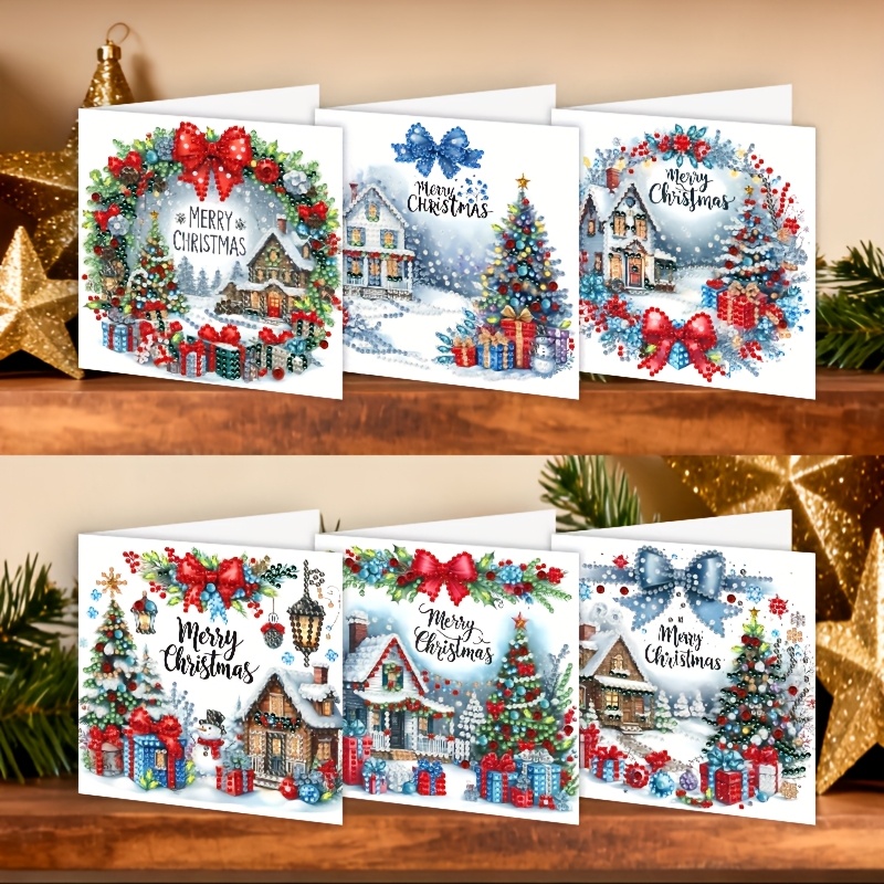 TEMU 6pcs Handmade Diamond Painting Greeting Card & Envelope Sets - Bright Christmas Castle Series Suitable For Holiday, Birthday Cards With
