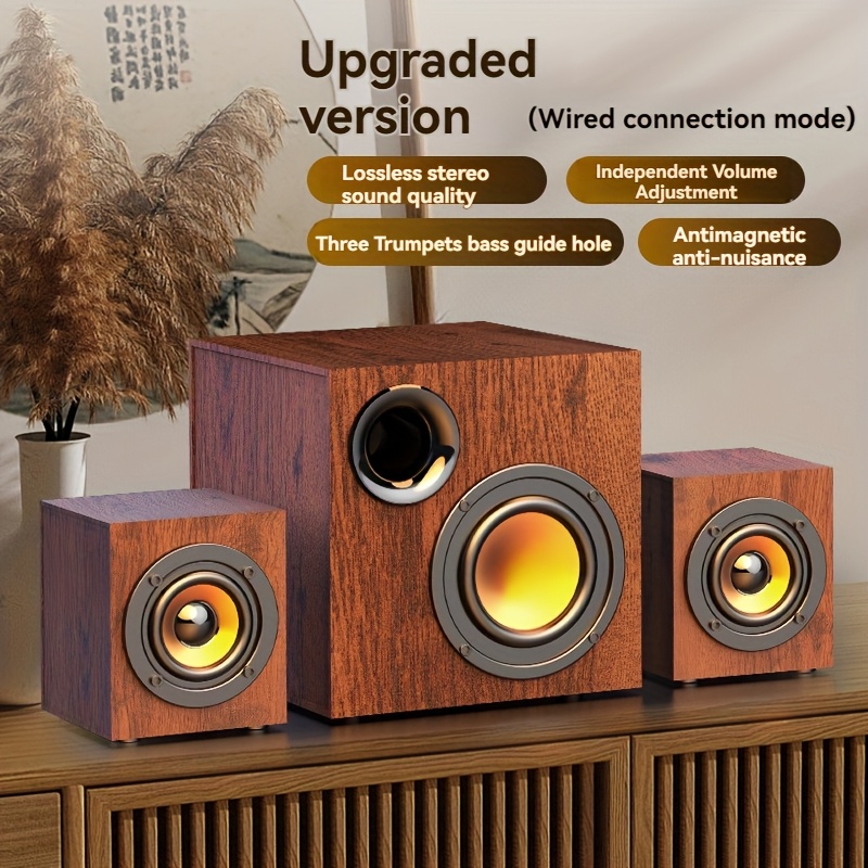 3 in 1 solid wood computer speaker system with 2 1     d level surround sound usb powered desktop speakers with independent bass adjustment wooden enclosure for   smartphones tablets multimedia audio   setup durable speaker system