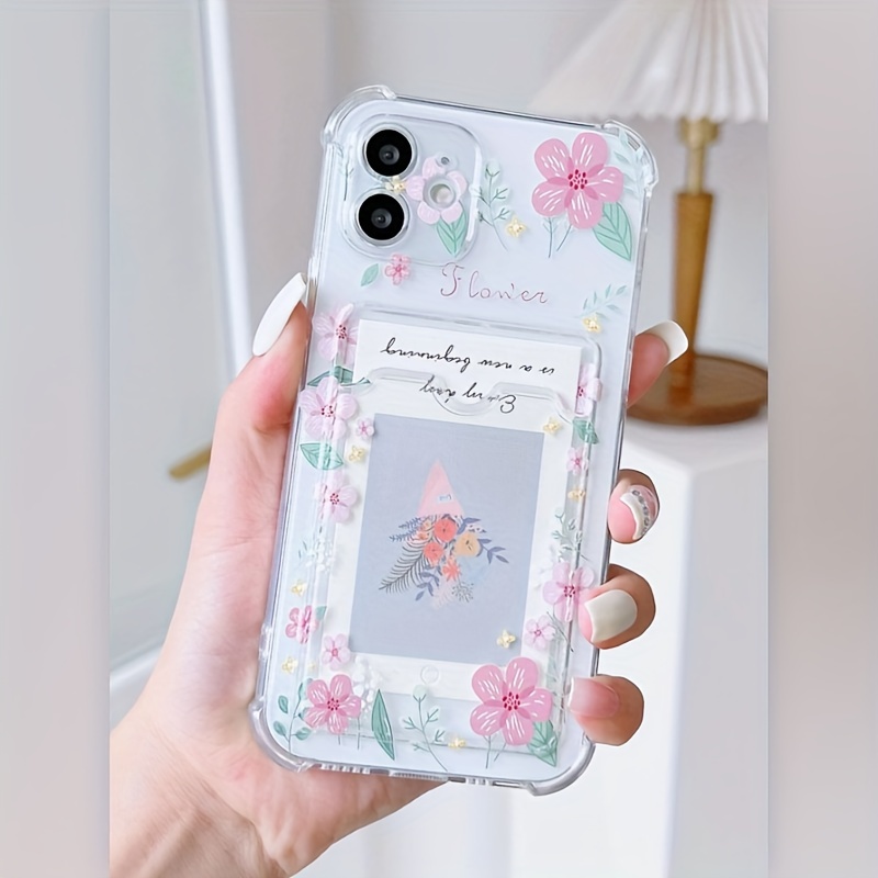 TEMU tipo para iPhone con diseño de rosa, a prueba de golpes con ranura para tarjetas, compatible con modelos Apple