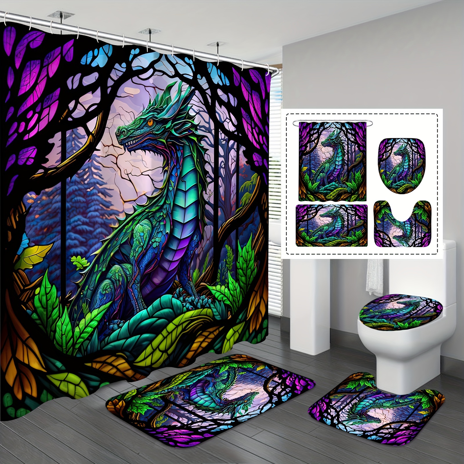 

1/4pcs Mysterious Dragon Shower Curtain Set, Waterproof Shower Curtain With 12 Hooks, Non-slip Bathroom Rug, Toilet U-shape Mat, Toilet Lid Cover Pad, Home Decor