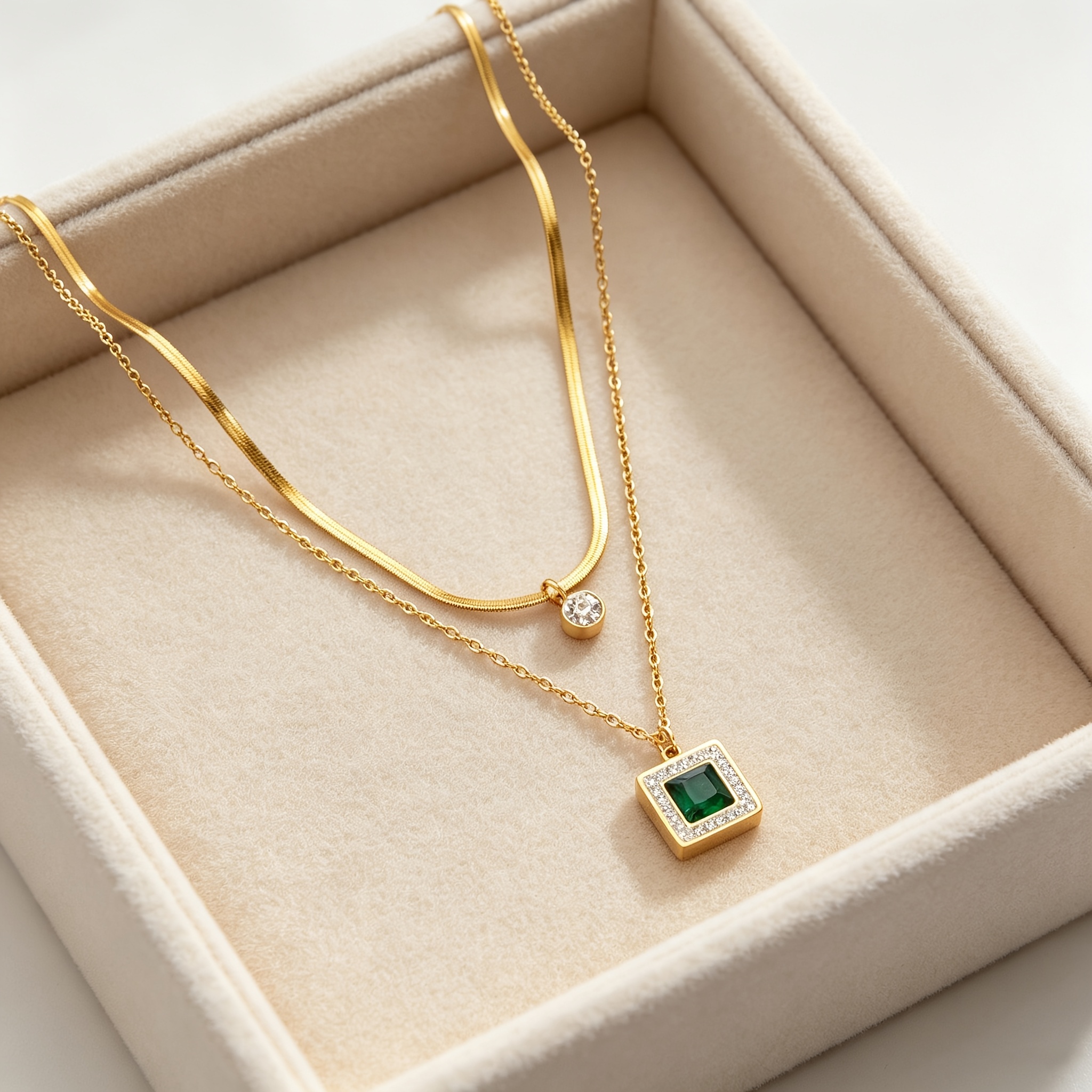 TEMU 304 Stainless Steel Necklace Golden Double-layer Layered Necklace Glass Pendant Stylish And Fashionable Engagement Banquet Necklace Holiday Gift