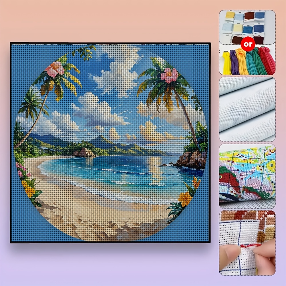 DIY Tropical Beach Scenery Cross-Stitch Kit, Unframed