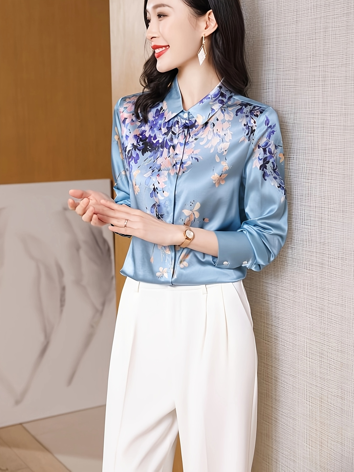 elegante blusa seda mujer estampado floral cuello pico Temu Ecuador