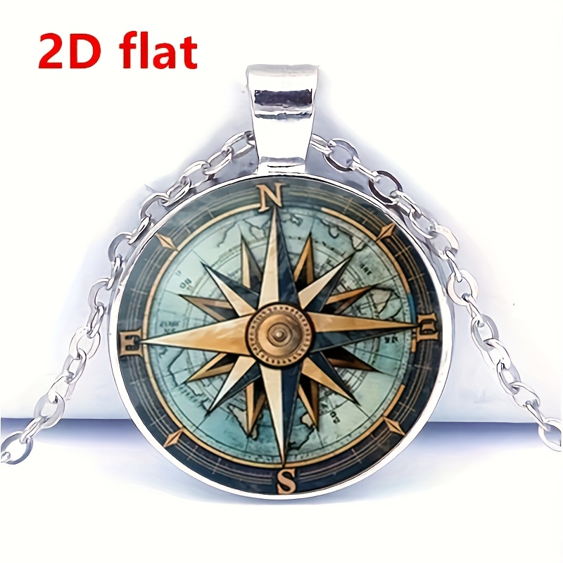 Compass Pattern Glass Pendant Necklace, Unisex Vintage Style