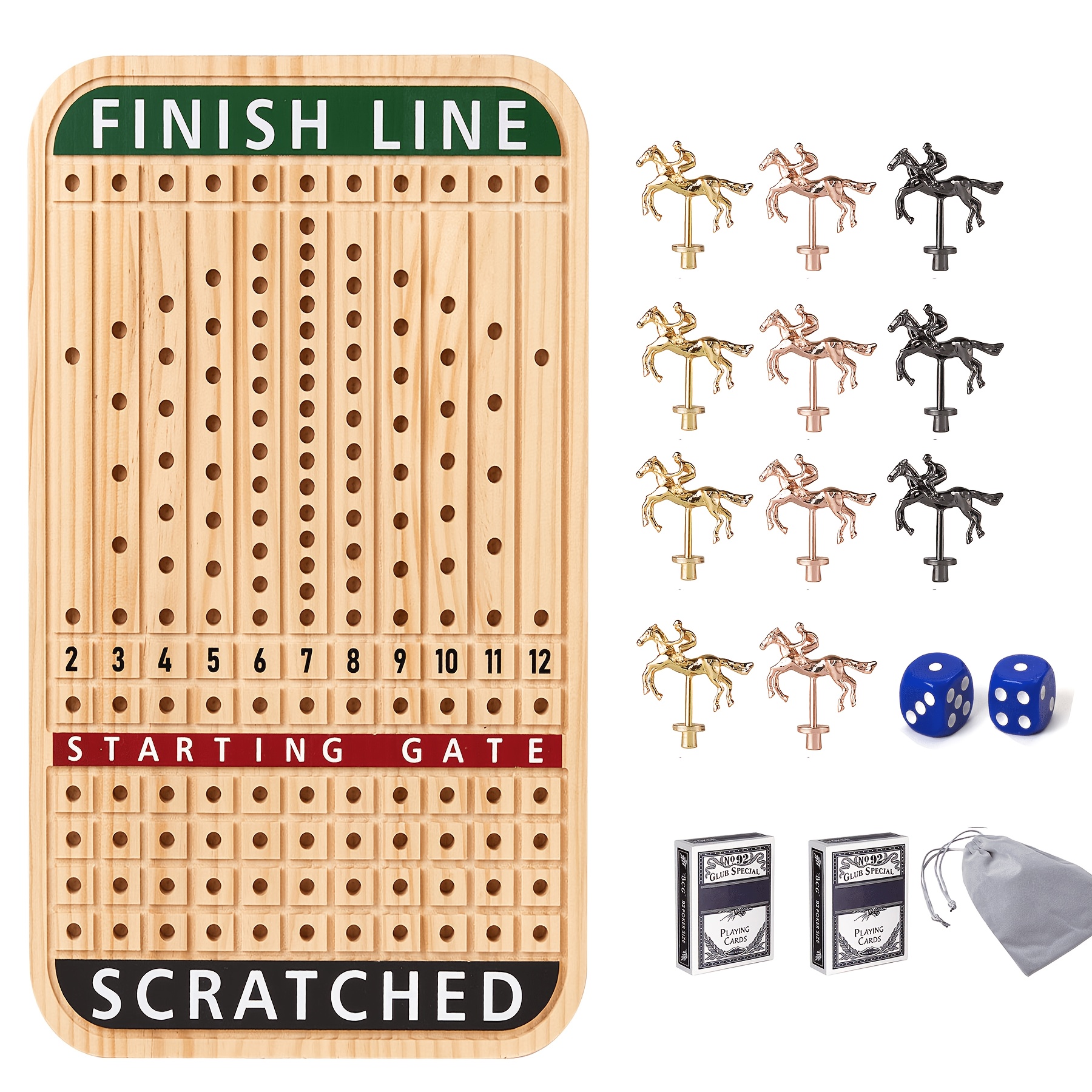TEMU Horse Racing Board Game Thickened Solid Wood With 11 Metal Racehorses, 2 Dice, 2 Decks Of Cards, Wooden Horses Track Riding Dice Games (