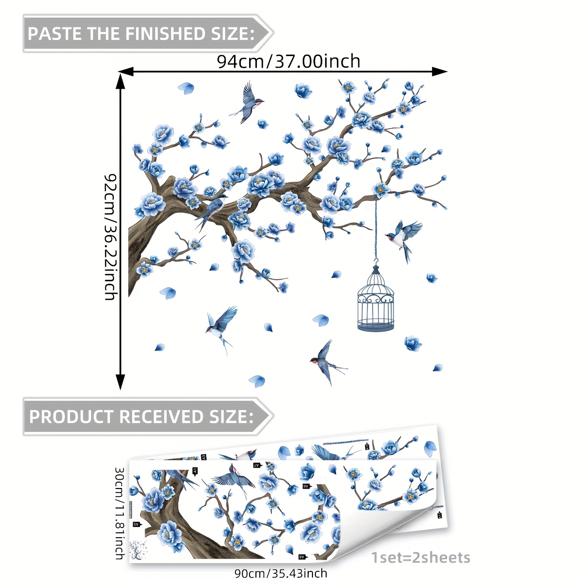 Image of A Set Of Tree Flowers Bird Wall Stickers Home Decor Stickers Bedroom Living Room Sofa Entrance Background Decoration