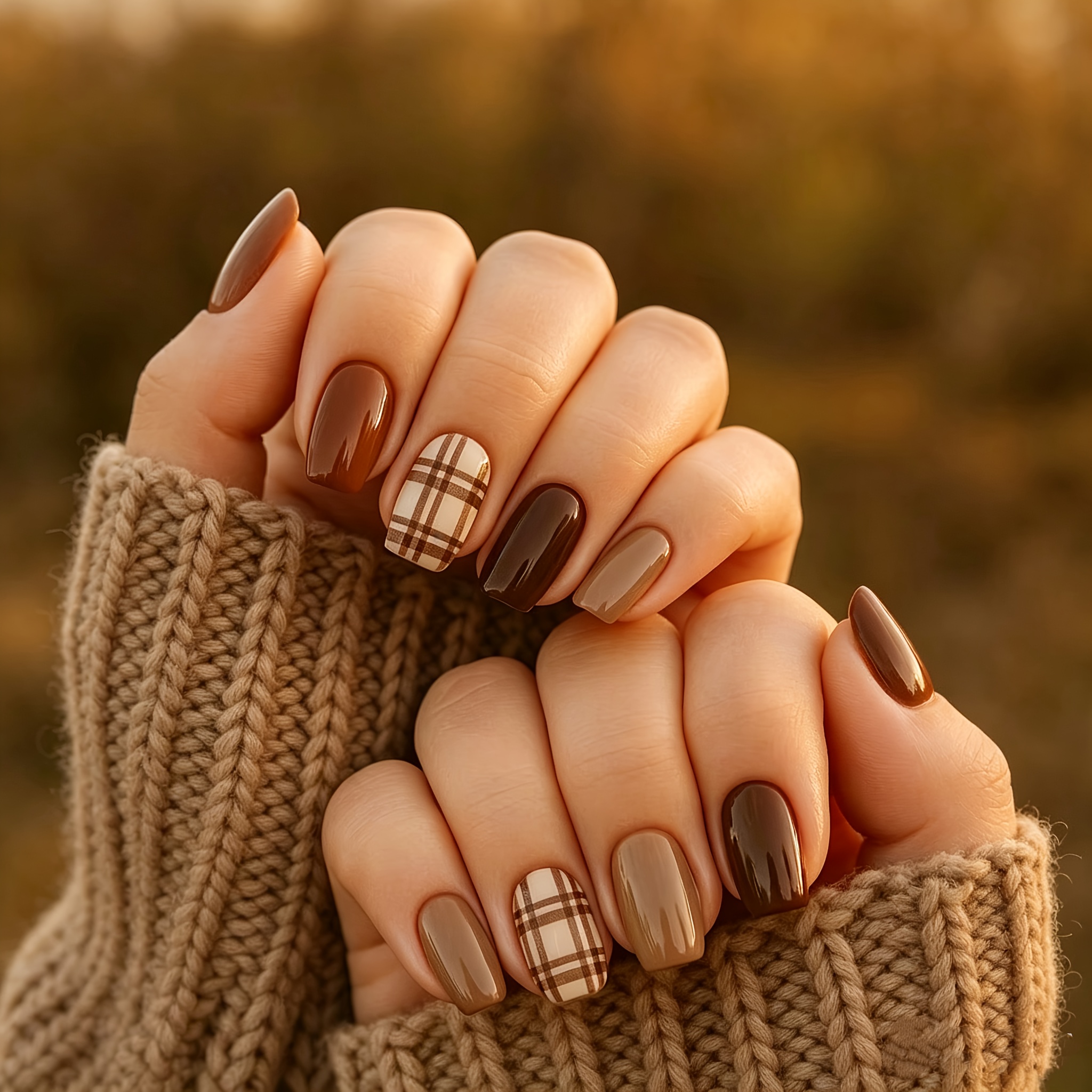 TEMU 24pcs Autumn Winter Meleade Checkered Wearable Nails, Caramel Coffee Chinese Handmade Fake Nails Finished Detachable Nail Patches