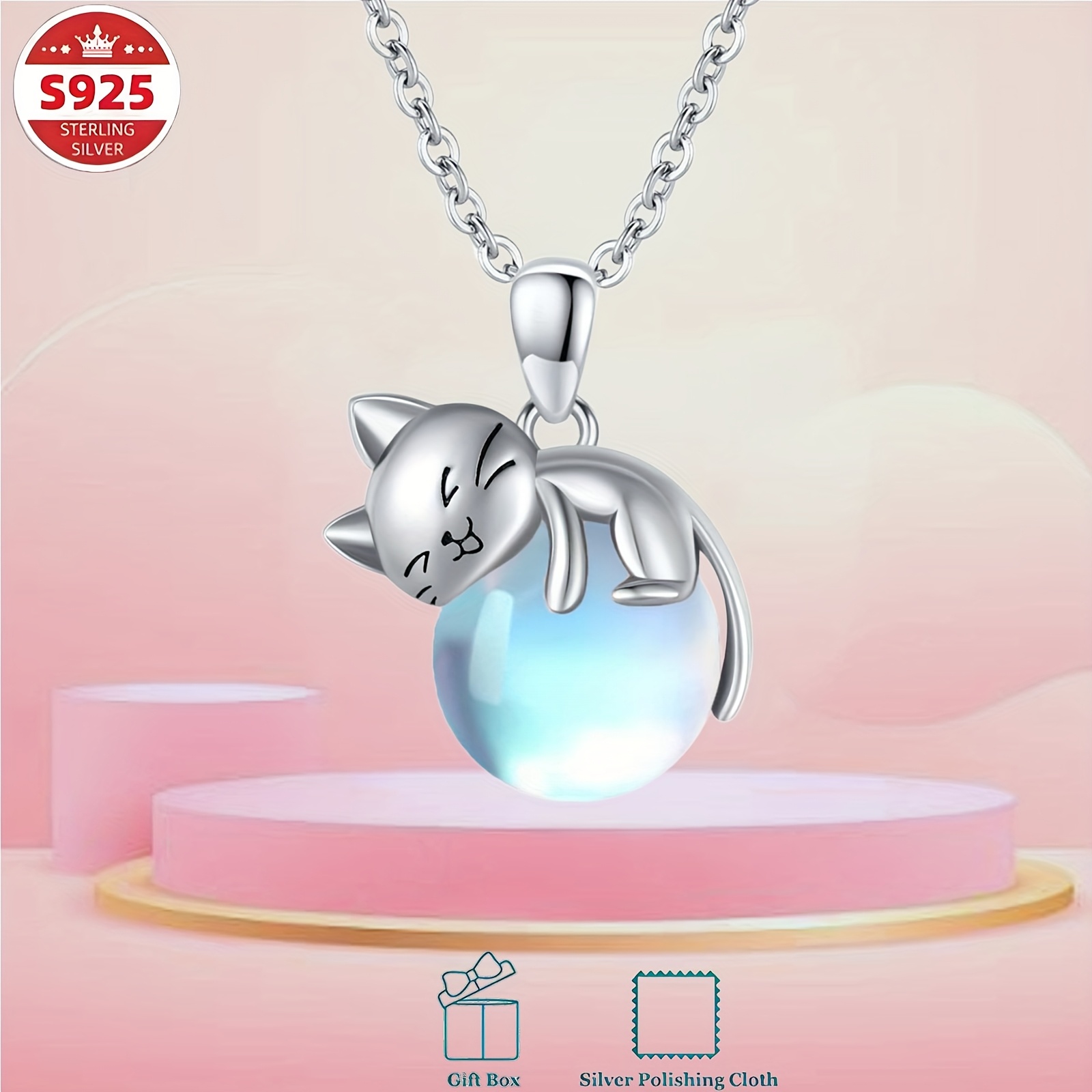 Image of Adjustable Chain Cat Birthstone Necklace 925 Sterling Silvery Cat Pendant Jewelry Gifts For Women Wife Mother