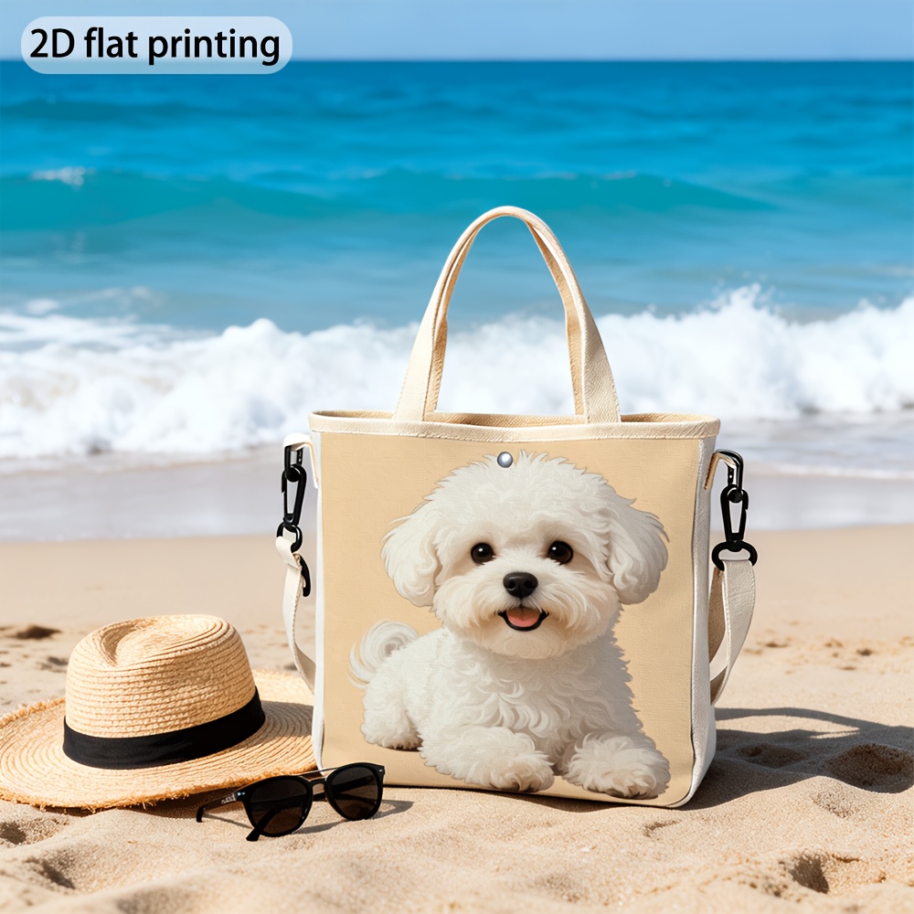 TEMU 1pc Fluffy White Bichon Frise Dog Print Tote Bag, Themed Shoulder Bag, Great For Dog Lovers, Daily , , And Everyday Use, Charming And