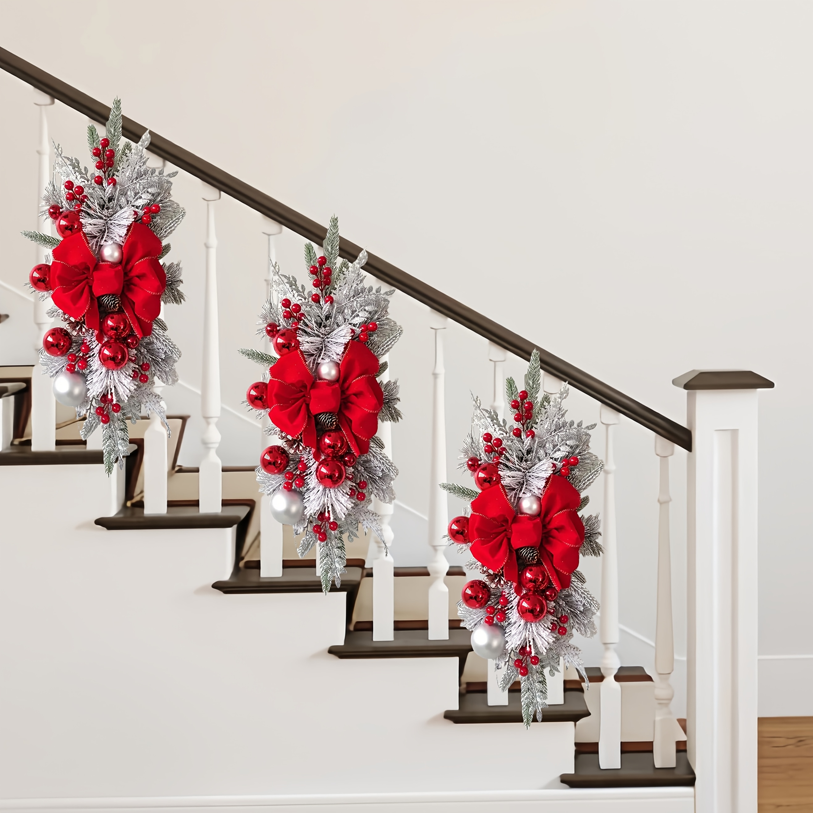 3pcs, 22.83in, Christmas, Fake Pine Cones, Christmas Staircase Bow Ornaments, Handmade Garlands
