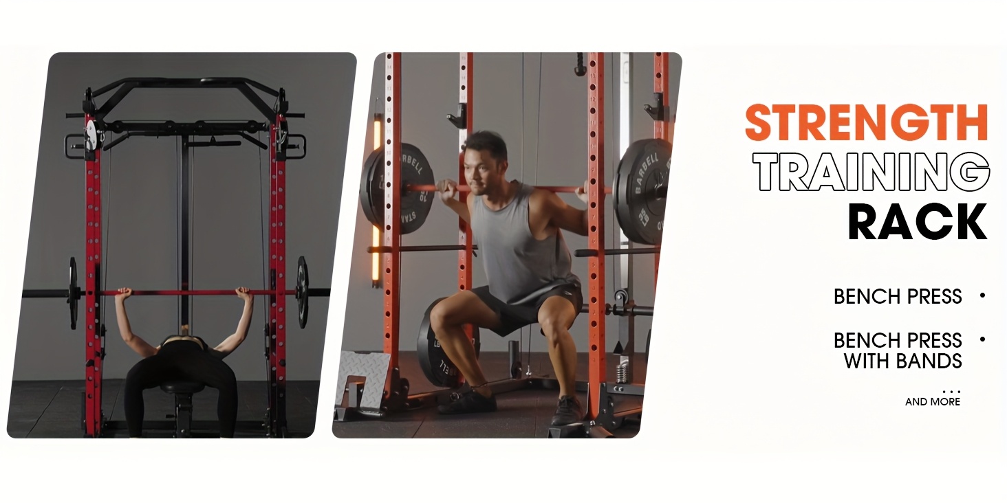 8 in 1 power rack cage with 1500lb capacity cable crossover machine multi function squat rack with j hooks dip bars and     plate loaded home gym equipment red Product details 1