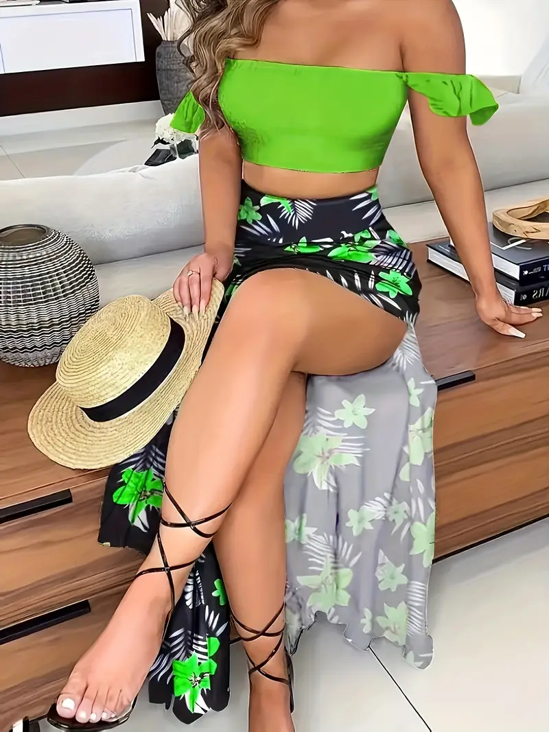 women's tropical print beach vacation two piece set shoulder