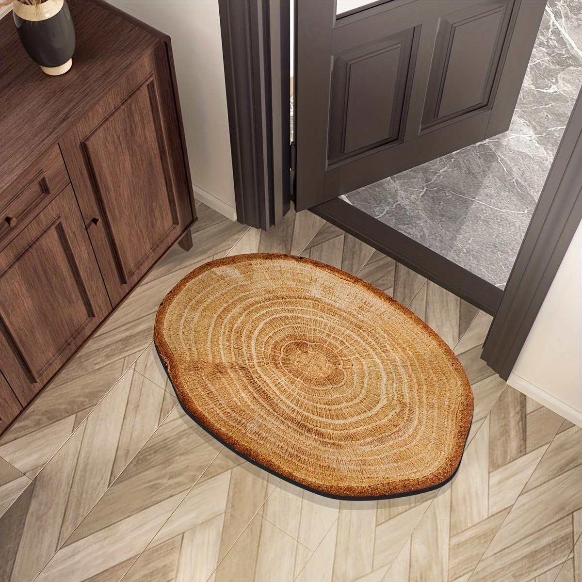 

Tapis de sol décoratif en bois avec motif d'anneaux d'arbre, support en caoutchouc antidérapant, polyester fabriqué à , lavable à , tapis d'entrée à poils ras aux flammes pour , à coucher, de bain