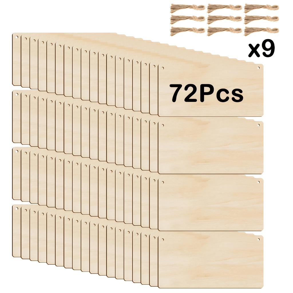 Image of Set Of 72 Unpainted Wooden Sign Blanks, Rectangular Plaques For Hanging, Pre-drilled With Ropes, Suitable For Door And Wall Decoration, Measuring 3.9x7.8 Inches