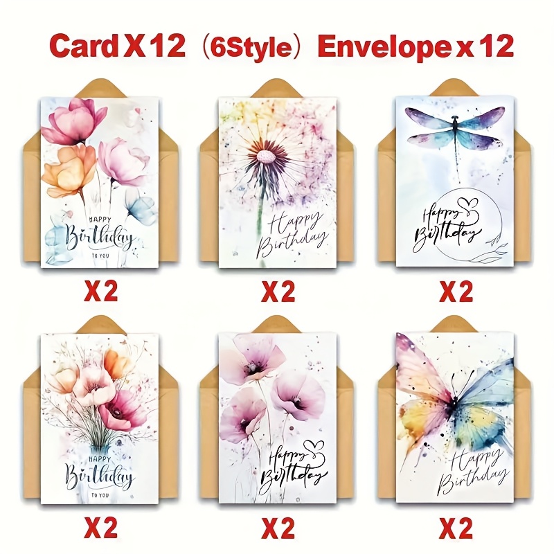 E-shop 24 Aquarell Geburtstagskarten mit Schmetterlingen und Blumen, inklusive Umschlägen. für verschiedene Anlässe, ideal als Geschenk, um Dankbarkeit