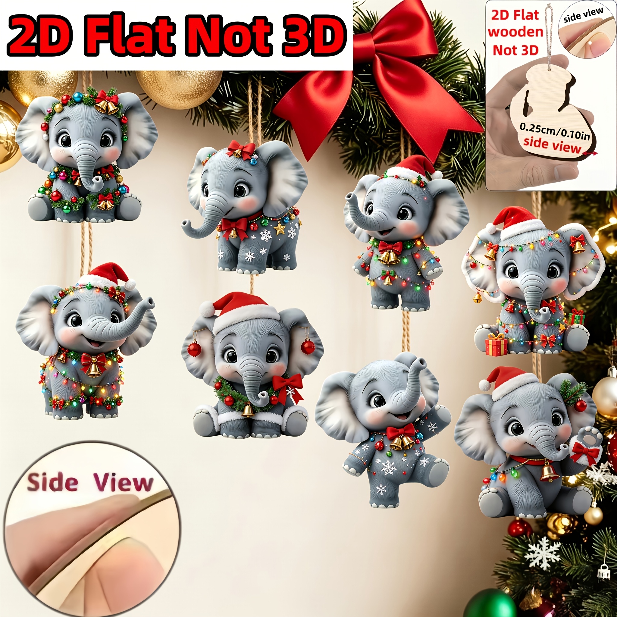 TEMU 2d Flat, 8pcs Set Of Adorable Christmas Elephant Wooden Hanging Ornaments. The Cute Elephants Are Designed In Different Christmas Outfits.