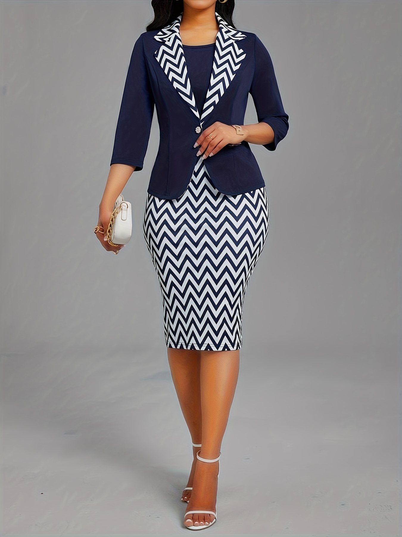 Spring/Summer Women's Two-Piece Set, Wave Pattern Patchwork, Elegant and Fashionable, Business Workplace, Suit Collar Navy Slim-Fit Women's Two-Piece Set HRYY014