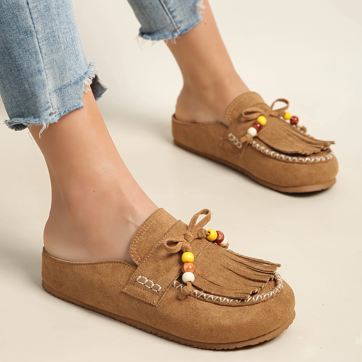womens   shoes new retro beaded tassel   half toe womens shoes lightweight soft sole comfortable   feet large size casual   half women shoes