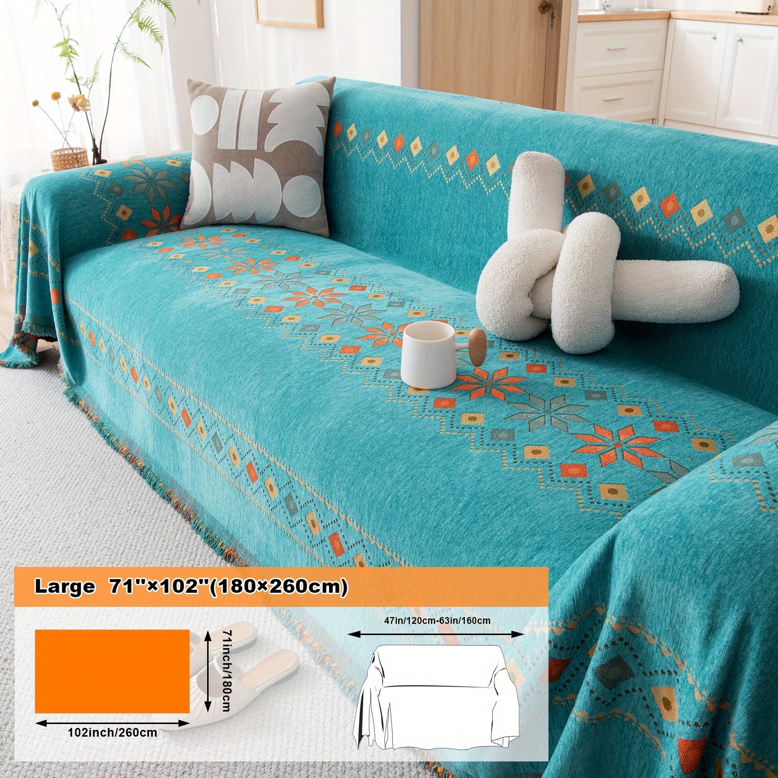 Image of 1pc Of Bohemian-style Chenille Sofa Cover Featuring Geometric Embroidery - Oversized, Durable, Suitable For Pets, And Designed For Use As A Furniture Protector For Bedrooms, Offices