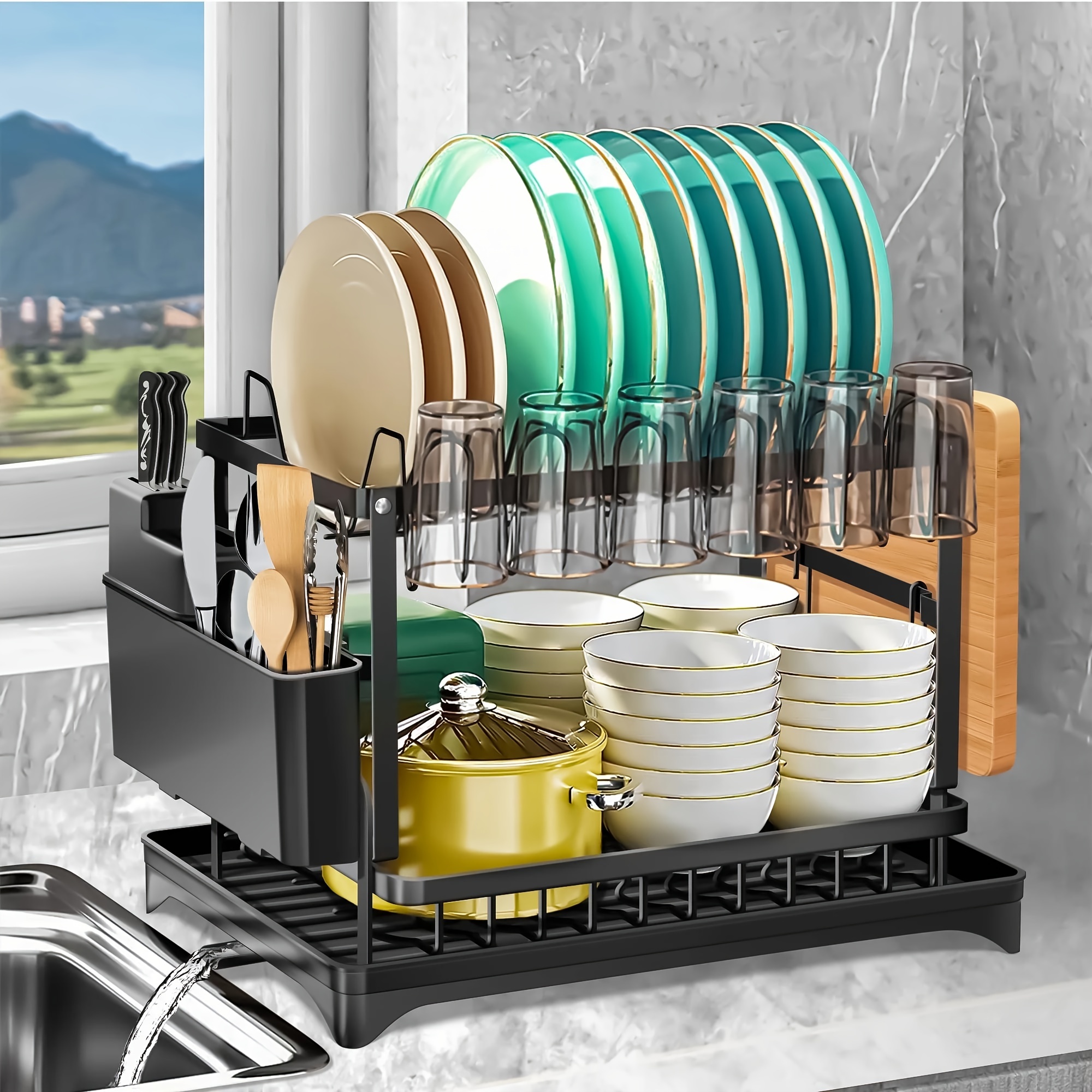 

2 Tier Dish Racks For Kitchen Counter, Dish Drying Rack With Dish Drainer, Durable Stainless Steel Dish Rack Drain Set With Utensil Holder, Cutting Board Holder, Kitchen Dishes Organizers
