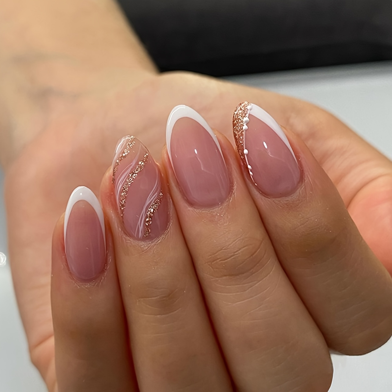 Image of 24pcs Nails Art Silvery Glitter Art Press On Nails Medium Almond Shape Fake Nails Nude False Nails Manicure Set Includes 1sheet Adhesive Tabs And 1pc Mini File Wear